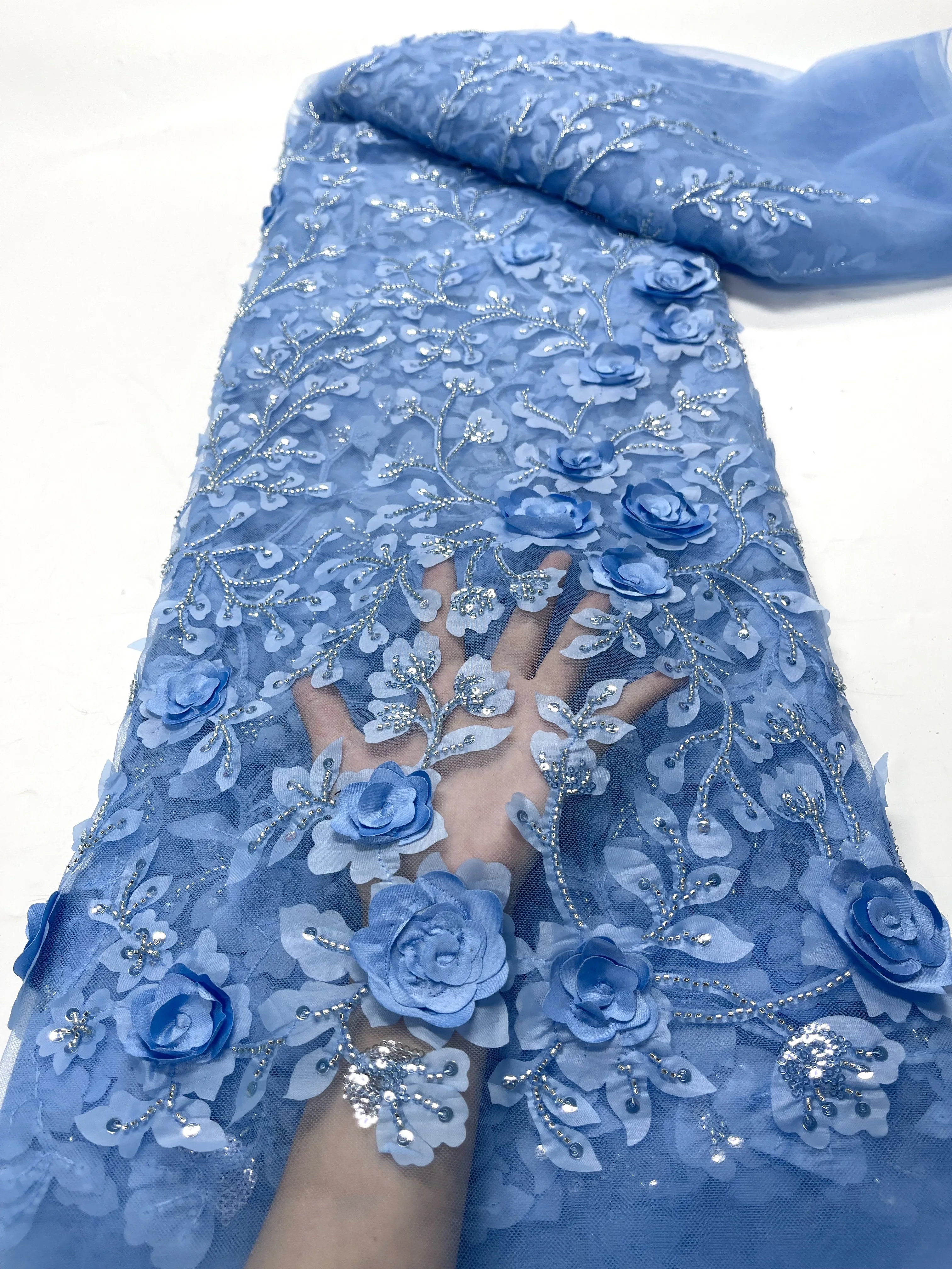 

Luxury African 3D Floral Lace Fabric 2023 High Quality Blue Embroidered French Tulle Luxury Sequins Beaded Wedding Bridal Laces