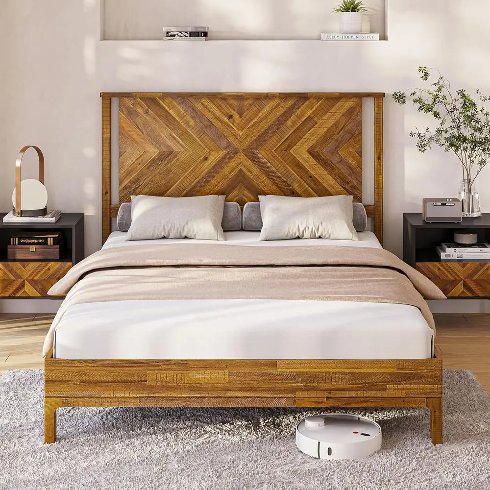 

14 Inch Deluxe Queen Bed in Rustic Brown, Solid Acacia Wood, No Box Spring, Slat Support, Easy Assembly