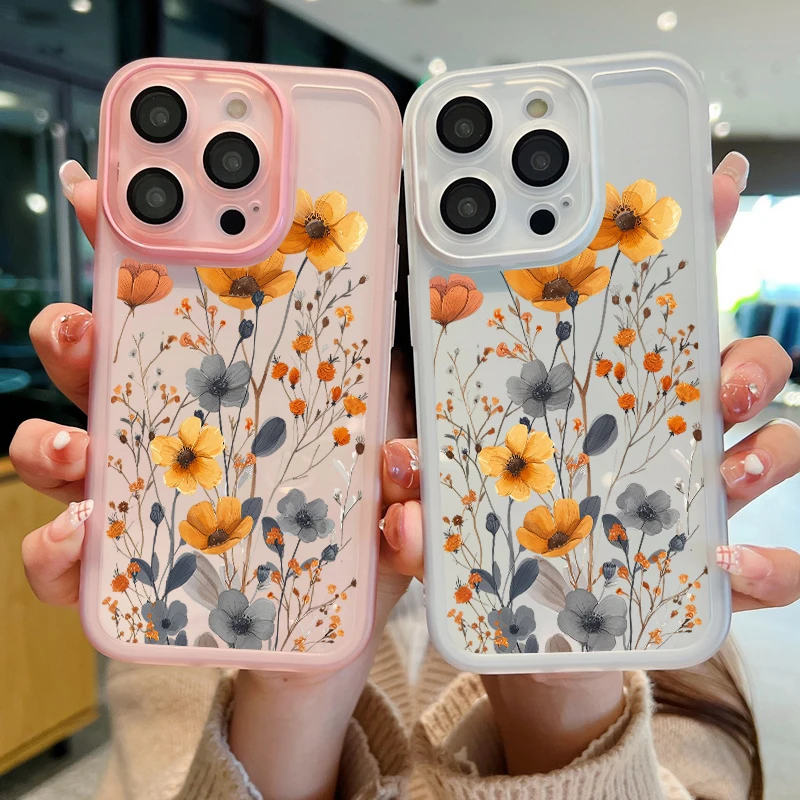 Autumn Flower Case For iPhone 16 Pro Max 11 12 13 14 15 Pro Max Luxury Lens Protector Shockproof Clear Soft Silicone Cover