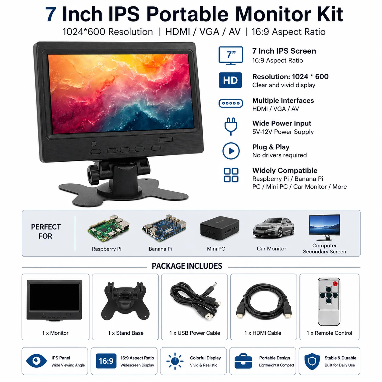

7-inch 1024*600 HDMI-compatible VGA AV multi-purpose portable monitor for computer Raspberry Pi Banana/Orange Pi PC LCD display