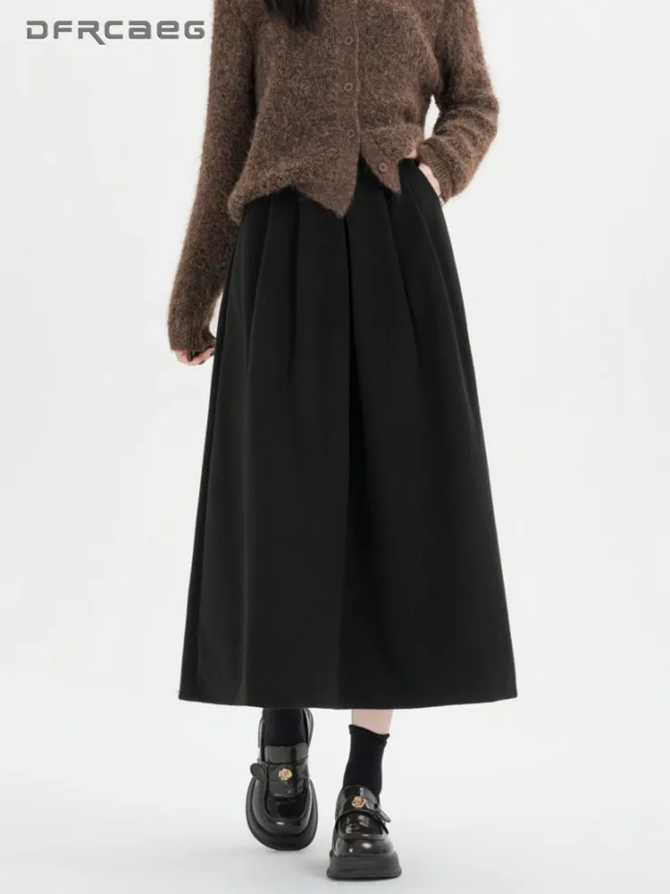 

Gray Autumn And Winter Wool A-Line Long Skirt For Women High Waist Casual Loose Big Swing Office OL Midi Skirts Lady