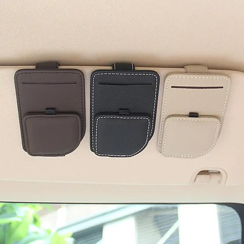 Universall Car Sun Visor Glasses Box Leather Women Men Credit Card Holder Car Visor Pocket Magnetic Leather Sunglasses Holder