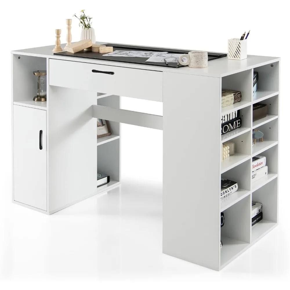 

Craft Table with Storage, Artwork Sewing Table 14 Storage Compartments 36'' Counter Height Drafting Writing Sewing Station Desk