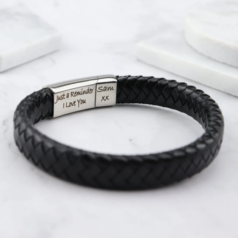 Black Genuine Leather Bracelet Customized Personality Engrave Logo Stainless Steel Magnet Buckle Bangle Men Women Gifts Jewelry