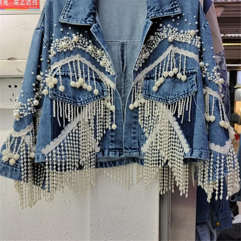 Travail lourd perles gland Denim veste femmes printemps bleu foncé ample court vêtements d'extérieur grande poche à manches longues jean veste femme