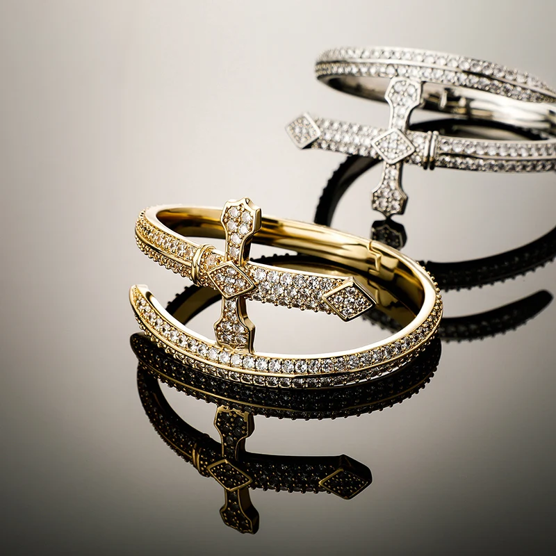 Hip Hop 3A+ Cubic Zirconia Paved Bling Iced Out Cross Sword Shape Open Cuff Bangle Bracelets for Men Rapper Jewelry Gift