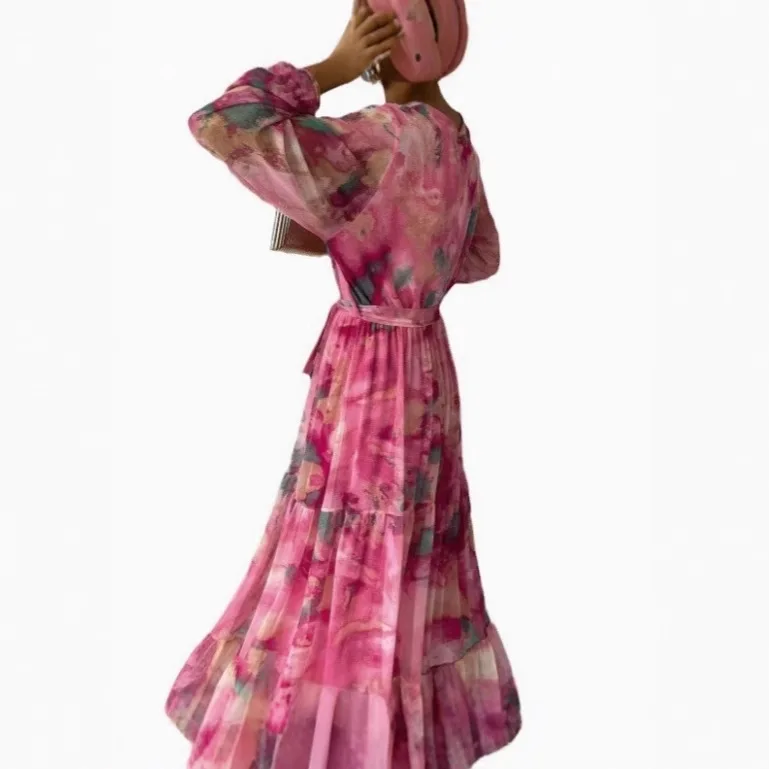 Femmes été printemps à manches longues imprimé Patchwork bohème élégant col en v plissé taille haute à lacets a-ligne jupe longue