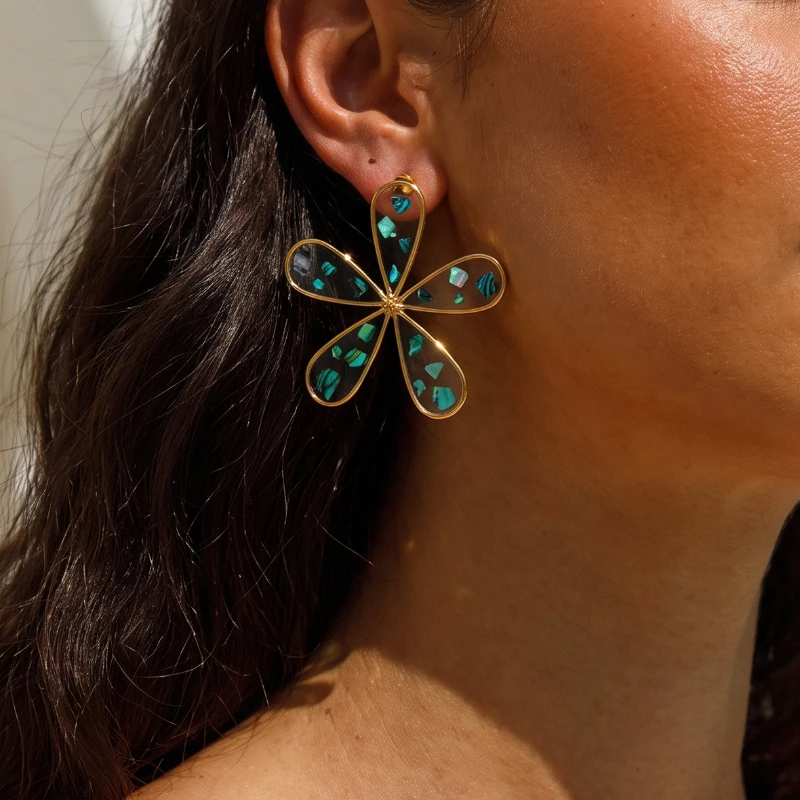 PRISCA | Transparent Flower Earrings Stainless Steel Women Chic Party Jewelry Birthday Gold Plated Gift New