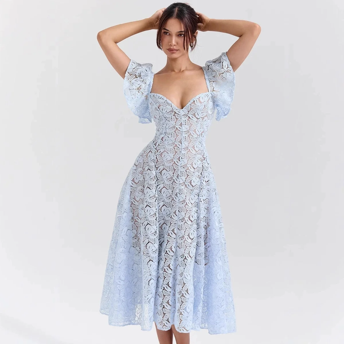 Charming Blue Cocktail Dresses for Women Vintage Lace A Line Prom Gowns Elegant Ankle Length Homecoming Celebrity Party Skirts
