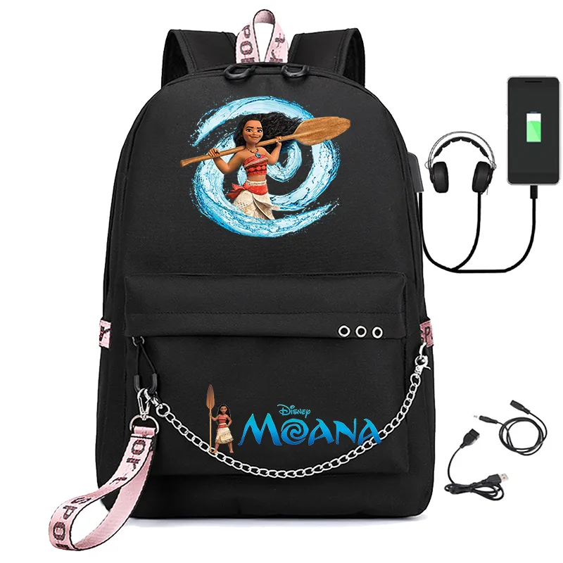 Princess Moana new boys and girls starry sky solid color backpack USB Laptop Teens School Bags