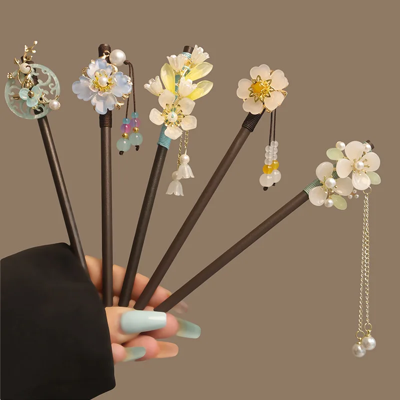 

Flower Tassel Pearl Hair Sticks Wooden Hair Fork Hairpin Chinese Style Handmade Floral Hair Stick Women Hanfu Hair Accessories