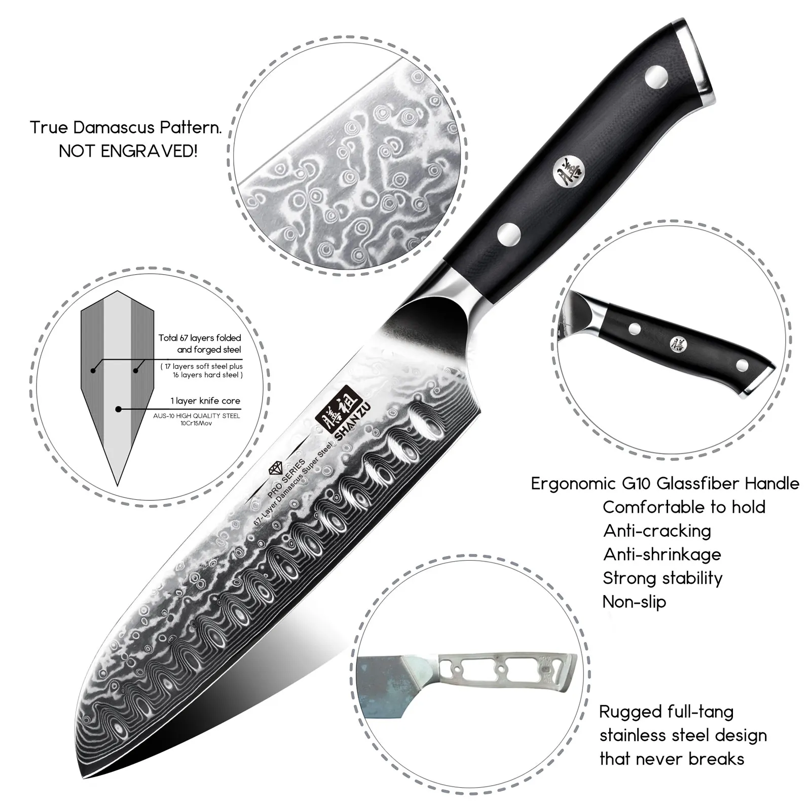 SHAN ZU 7 Inch 67 layers Damascus steel Kitchen santoku Knife, Professional high carbon super sharp Japanese Steel carving knife