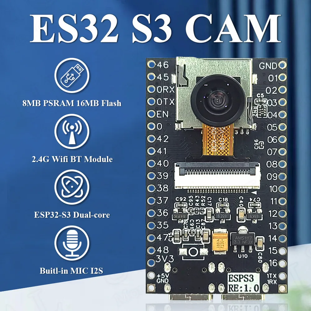 Imagem -02 - Development Board Wifi bt Módulo com Microfone Ov2640 Câmera Module Psram 8mb Flash 16mb Novo Esp32 s3 N16r8 Cam Esp32-s3