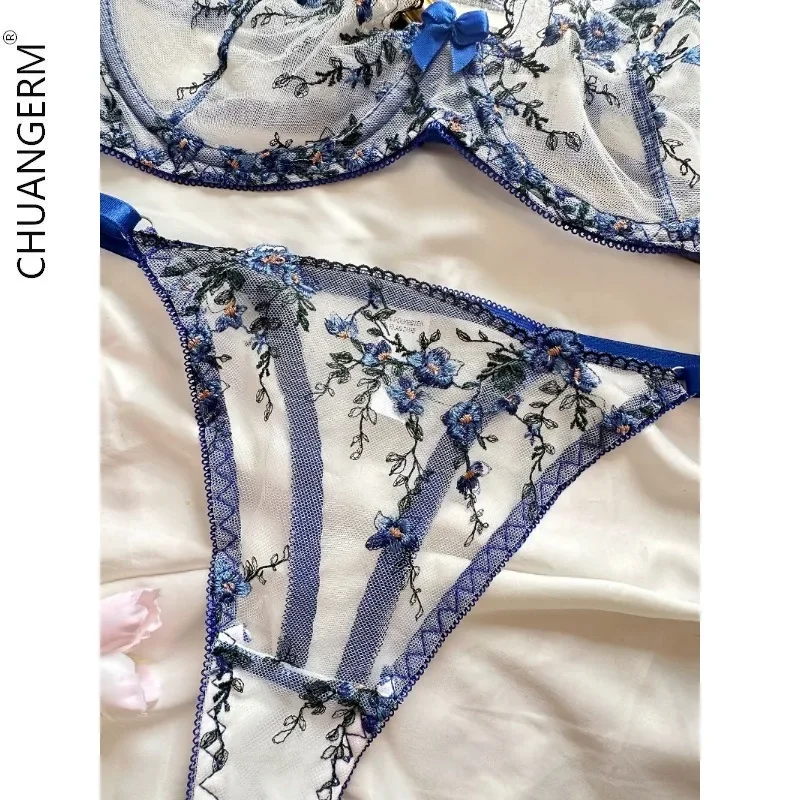 CHUANGERM,Blue,High-end temperament wind floral embroidery transparent mesh seductive underwear set,Top Women bralette