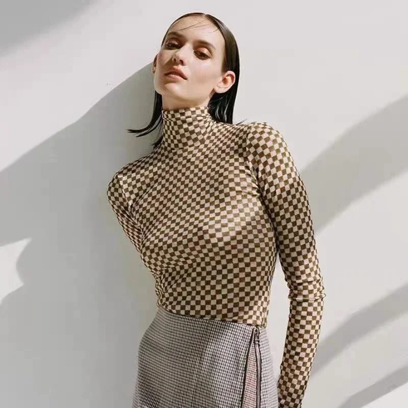 NA@ LUXURY Women\'s Undercoat Checker Print Autumn and Winter 2024 New High Neck Long Sleeve T-shirt