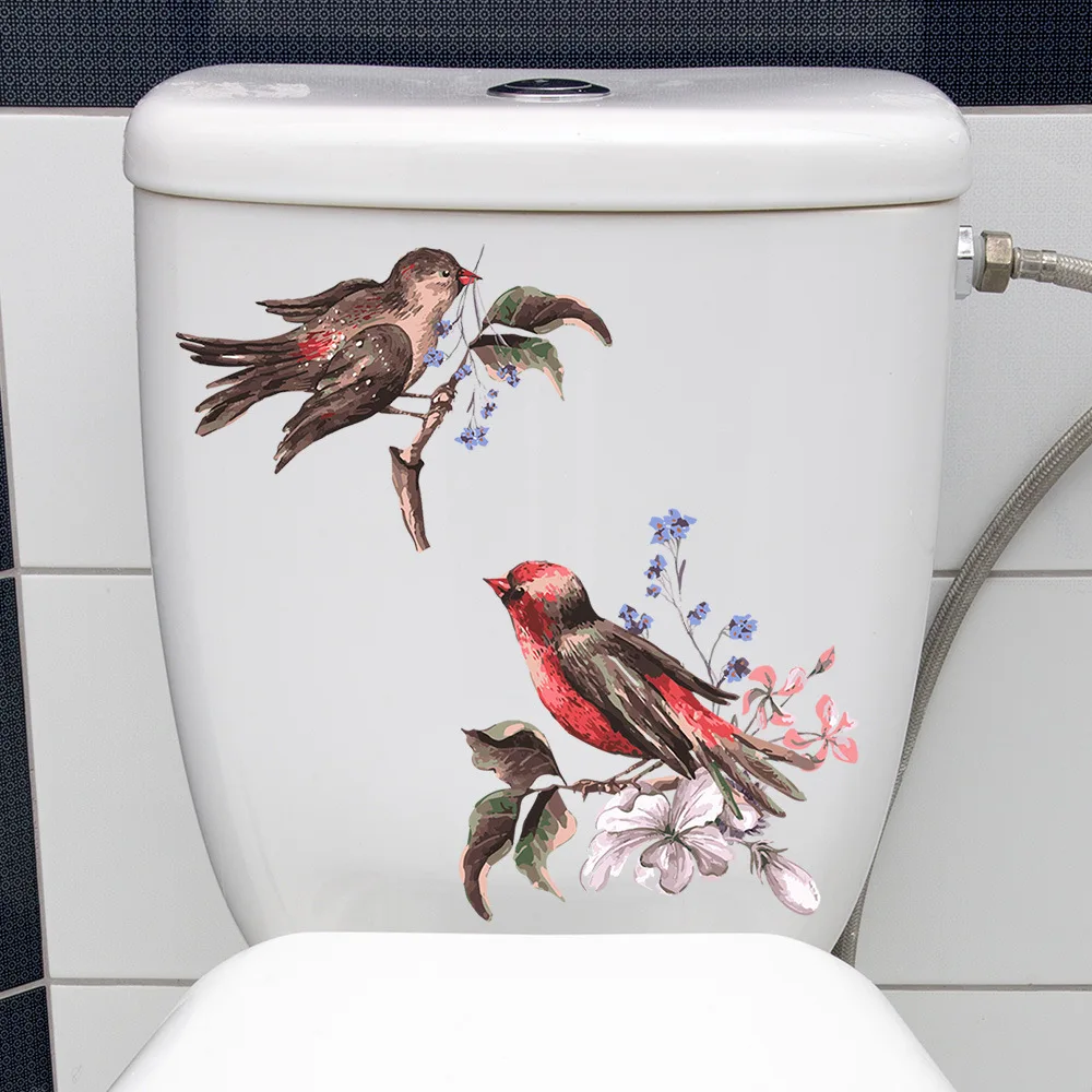 C12# Flower Branch Bird Toilet Sticker Bathroom Toilet Cover Sticker Wall Stickers Wc Accessories Fun For Home Decoration