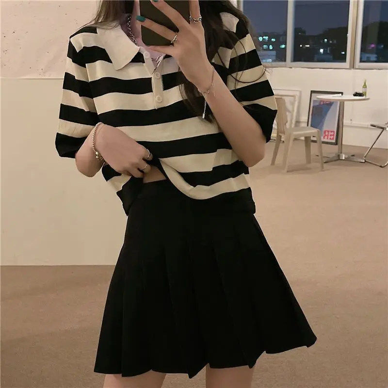 Summer New Polo Neck Knitting Short T Shirts Short Sleeve Striped Button All-match Youth Sweet Tops Casual Fashion Women Clothes