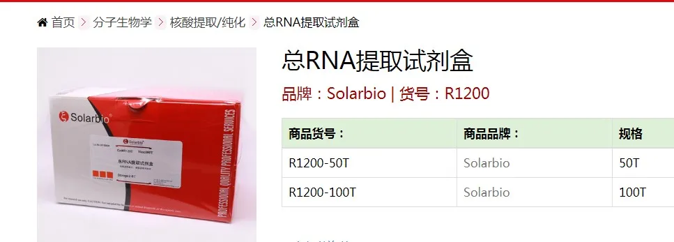 Total RNA Extraction Kit Brand: Solarbio Catalog No. R1200