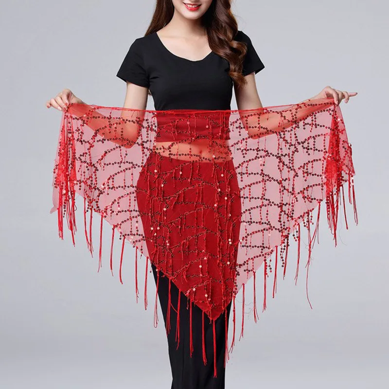 Belly Dance Hip Scarf with Sequins Fringe Triangle Shape Performance Practice Waist Chain Accessories for Women