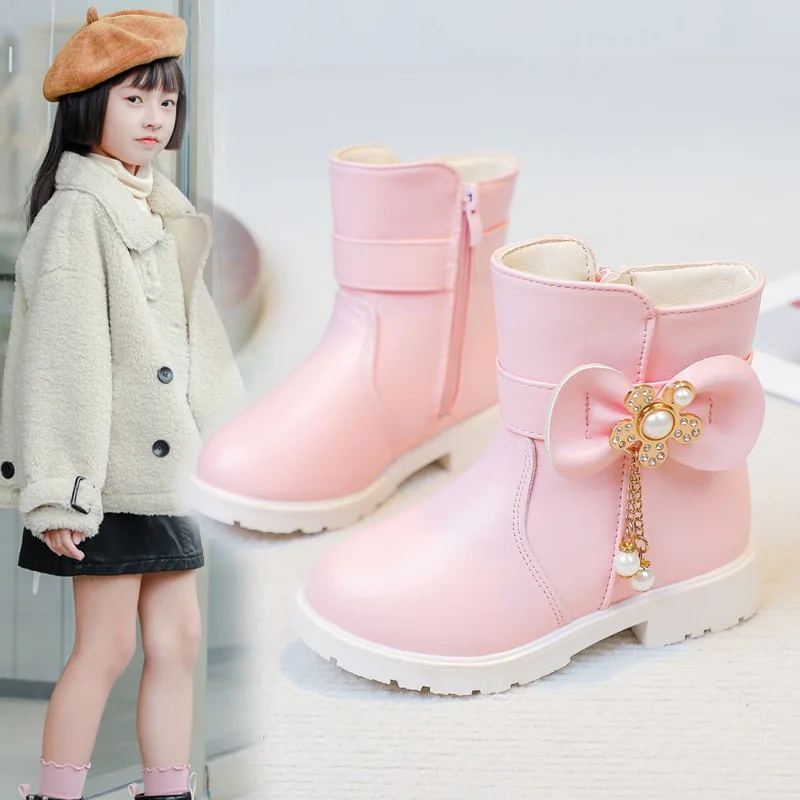 

Girls Casual Leather Boots with Sweet Bows Kids Short Boots Side Zipper 2025 Autumn Winter Children Princess Boots Round Toes