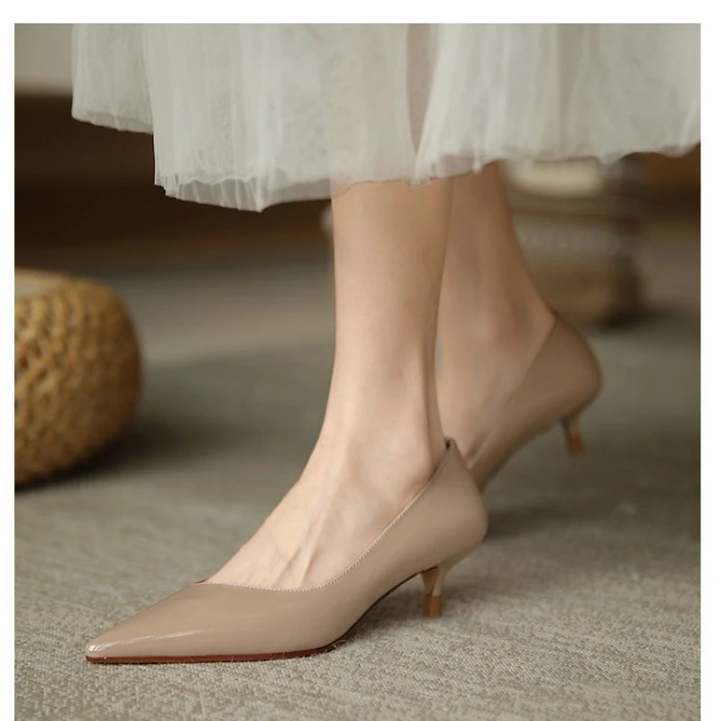 Patent Leather Pumps Women Stiletto Professional Shoes 2024 New Gray Pointed High Heels Mid-heel Women\'s Shoes