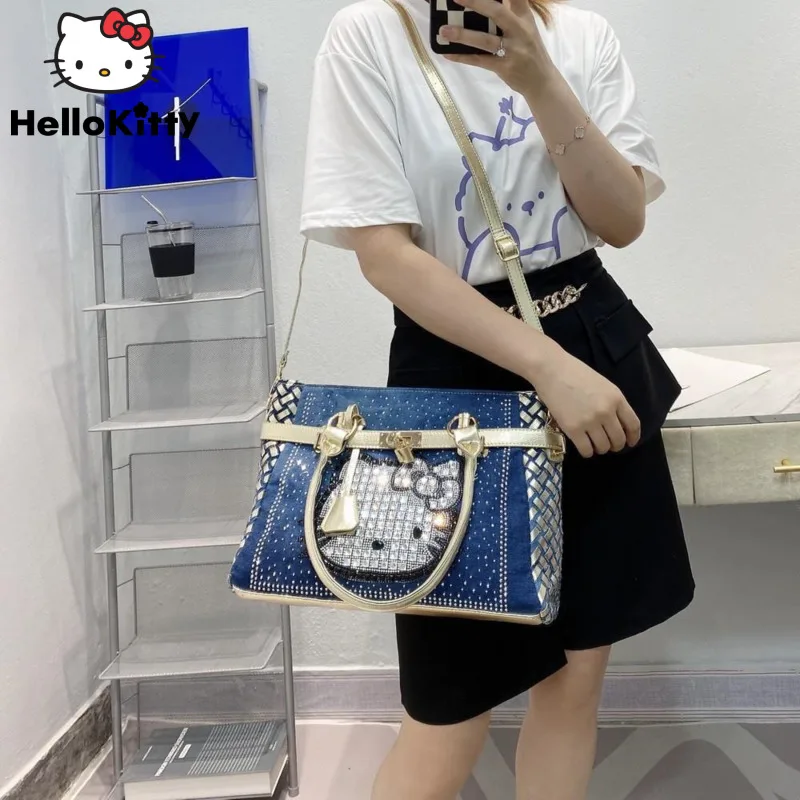 Sanrio Hello Kitty nowa torebka Y2k kobiety tkane dżinsowa torba z diamentowym płótnem torebka w stylu koreańskim torba na ramię Crossbody mody