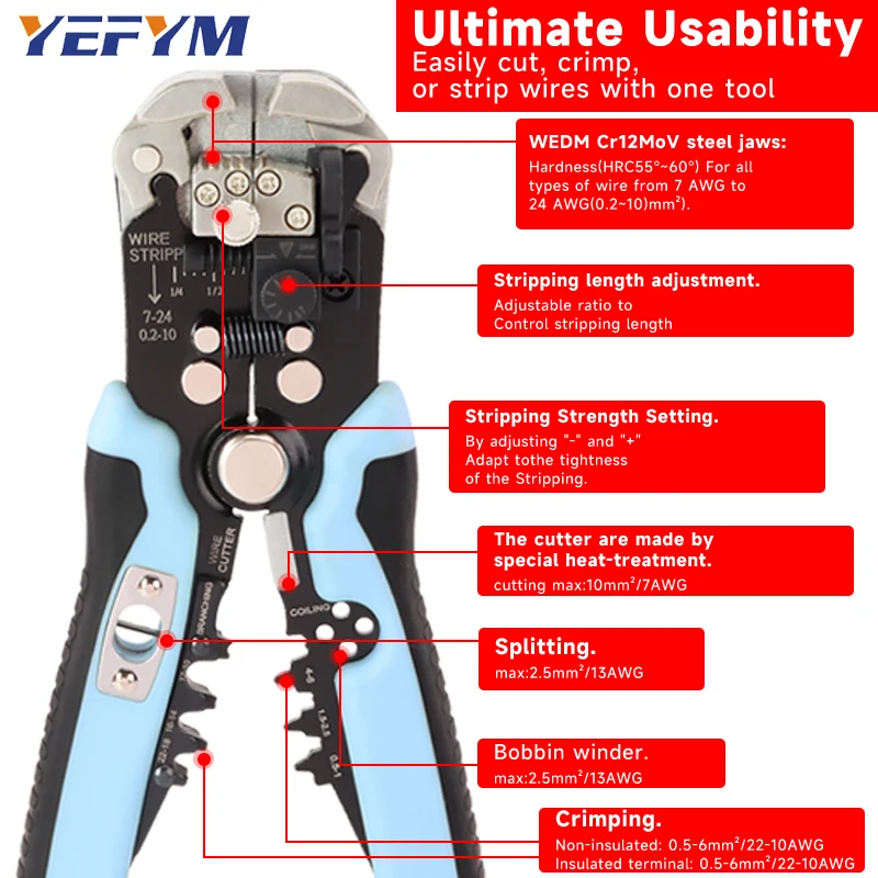 كماشة تجريد الأسلاك (0.25-10 مم2) 5 في 1 YES-1B أدوات أوتوماتيكية متعددة الوظائف لتجعيد وتقطيع وتقسيم الأسلاك