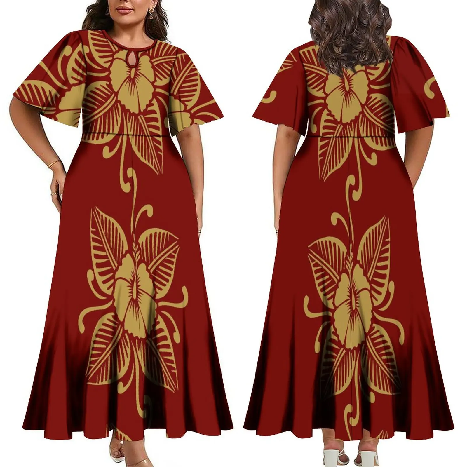 Polynesian Elegant Crew-Neck Long Dress Summer Mid-Sleeve Loose Dress Vintage Design Puffy Large Skirt Tailored Dress