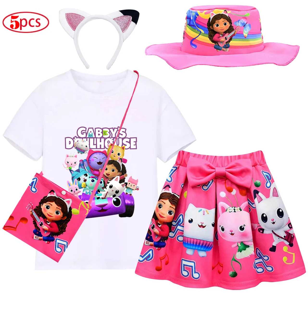 Gabby's Dollhouse Girls Clothes Sets Cute Cats-tastic Tops+Bow Cartoon Print Skirt+Bag+Headband+Hat 5pcs Children Clothing Suit