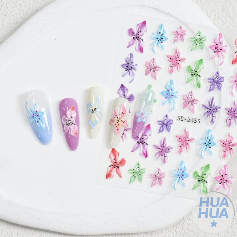ZZ 5D Colorful Lily Petals Relief Nail Art Sticker Multicolor Dimensional Petal Blossom Embossed Texture Vibrant Flower Manicure