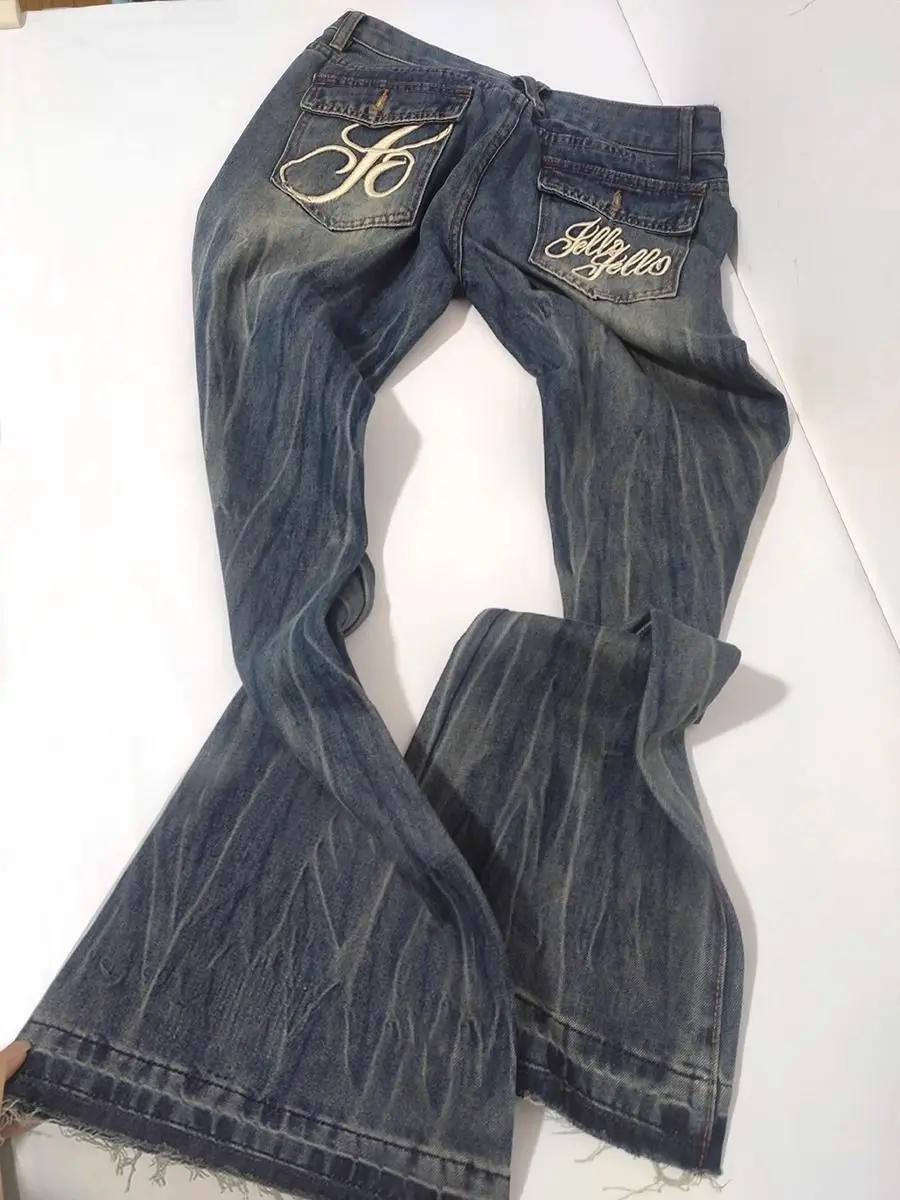 أنيقة أنيقة المتعثرة خمر متوهج الجينز النساء منخفضة الخصر سليم صالح فضفاض الخام هيم الطابق طول الدنيم السراويل موضة جديدة