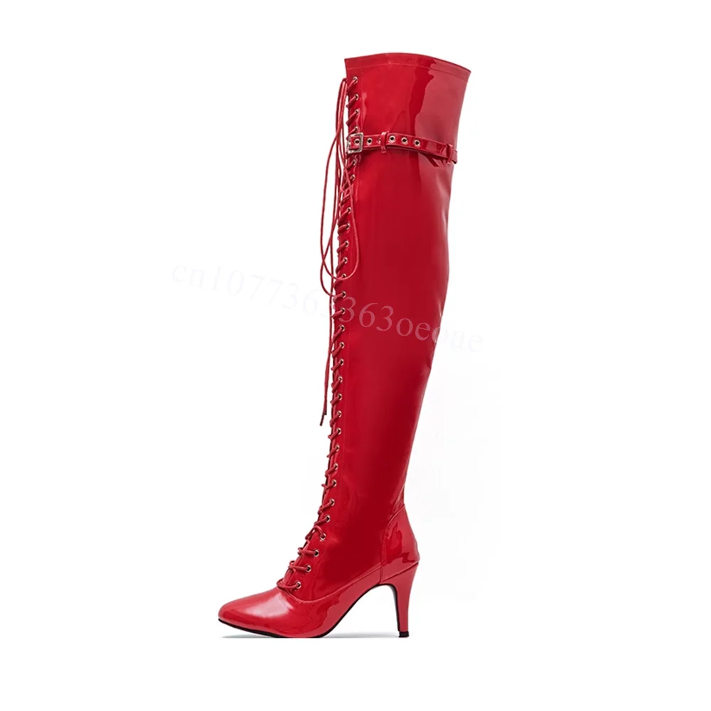 Botas decorativas con cordón alto hasta el muslo rojo, Zapatos de charol atados cruzados Para Mujer, Zapatos finos de tacón alto, Zapatos Para Mujer 2025