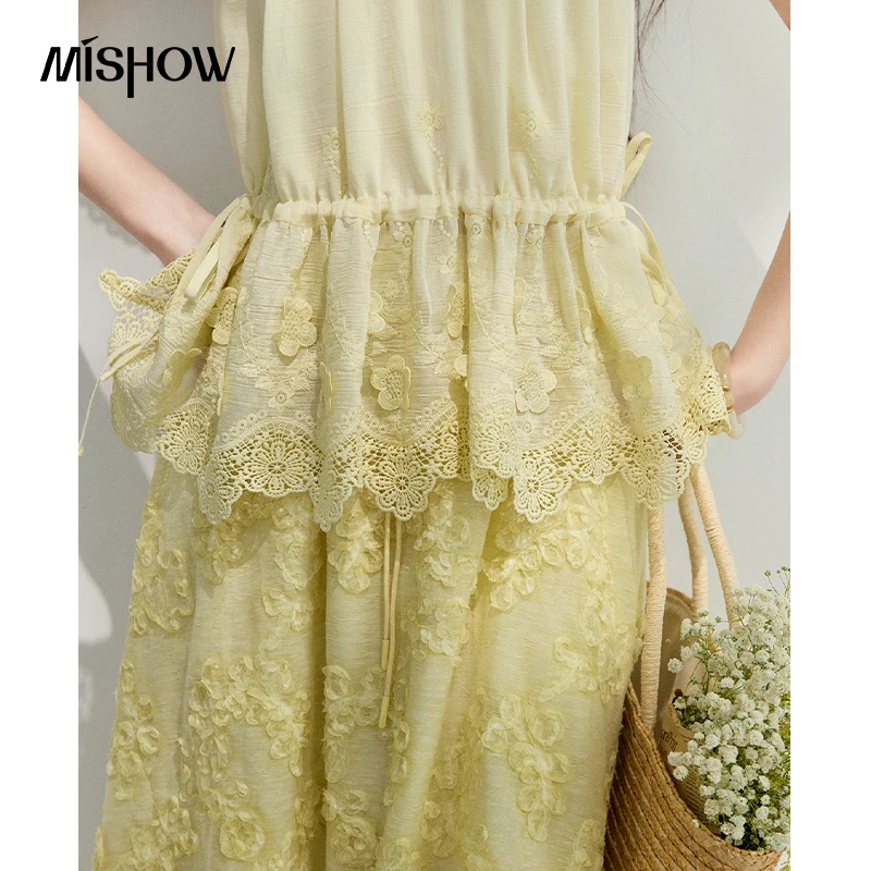 MISHOW French Flower Embroidered Women Top Summer New 2026 V-Neck Lace Rope Cinches Waist Slimming Romantic Blouse MXF24X2625