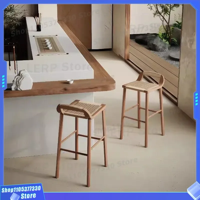 Modern Solid Wood Bar Stool Chinese Rope Woven High Chair Light Luxury Front Desk Seat Simple Household Counter Stool for