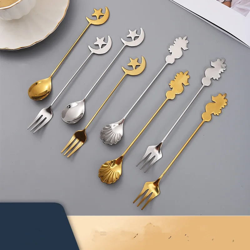 304 Stainless Steel Golden Dessert Fork Spoon Retro Creative Cute Seashell Seahorse Star Long Handle Stirring Coffee Scoop