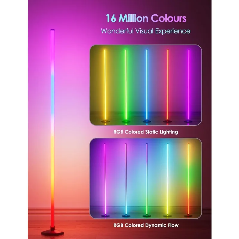 Lampadaire d'angle RVB, lampadaire LED à couleur changeante de 65 pouces, synchronisation de la musique, application Bluetooth, télécommande, 16 millions de couleurs de bricolage, lumière Ti
