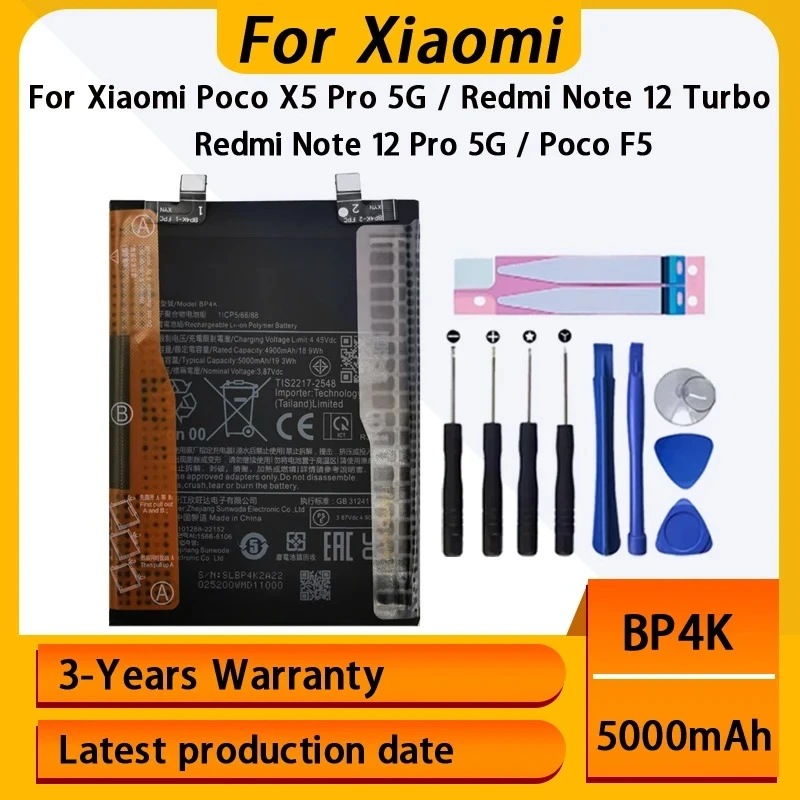 New BP4K Battery 5000mAh For Xiaomi Poco X5 Pro 5G /REDMI Note 12 Pro/Poco F5 /Note 12 Turbo Battery Batteries+Tools