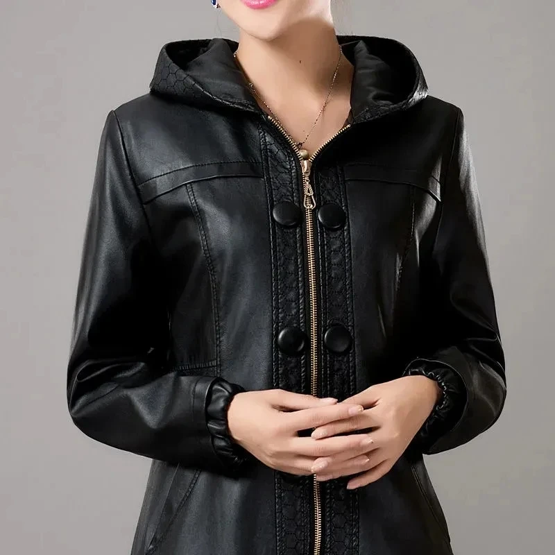 2023 Autumn/Winter Middle Aged Female Leather Jacket Faux Leather Coat New Women Medium length Loose Hooded Leather Windbreaker