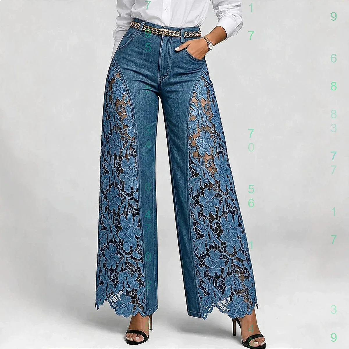 Pantalones de Pierna Ancha de Cintura Alta para Mujer, Moda Primavera Verano, Pantalones de Mezclilla con Encaje Calado, Pantalones Palazzo Fluidos