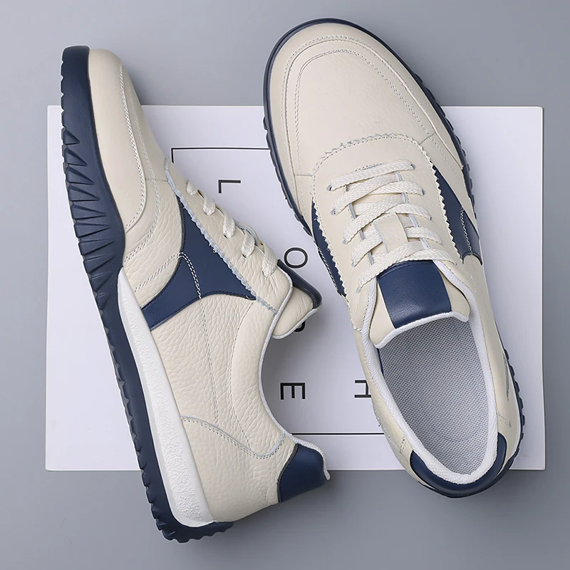 

Genuine Leather Men's Retro Sneakers – Thick Sole & Contrast Stitching Casual Shoes