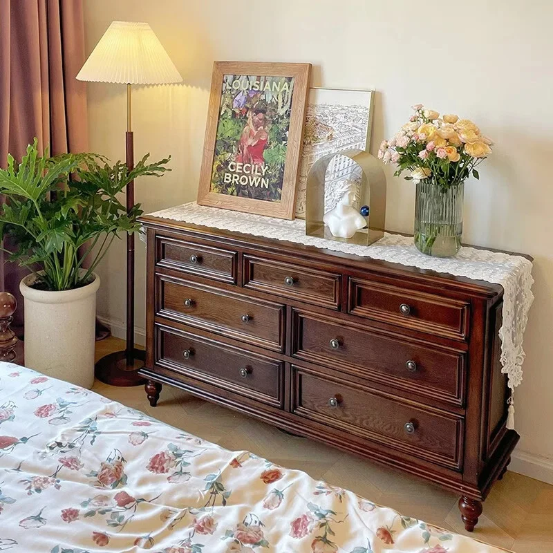 

French retro solid wood chest living room black seven chest cabinet kitchen dining side bedroom locker locker