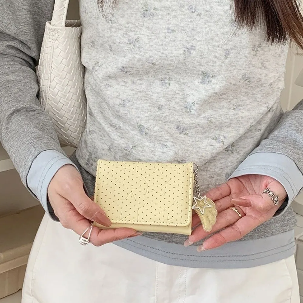 Slim PU Leather Polka Dot Trifold Wallet Star Wing Pendant Lightweight Coin Purse 5 Card Slots ID Window Mini Wallet Girls