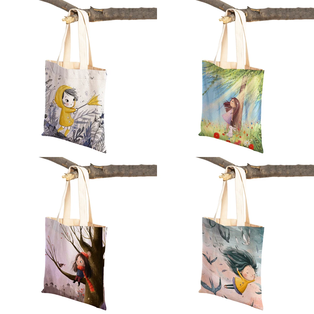 Cute Cartoon Girl Double Printed Reusable Canvas Student Tote Handbag Fairy Tale World Lovely Child Gift Casual Shopping Bag