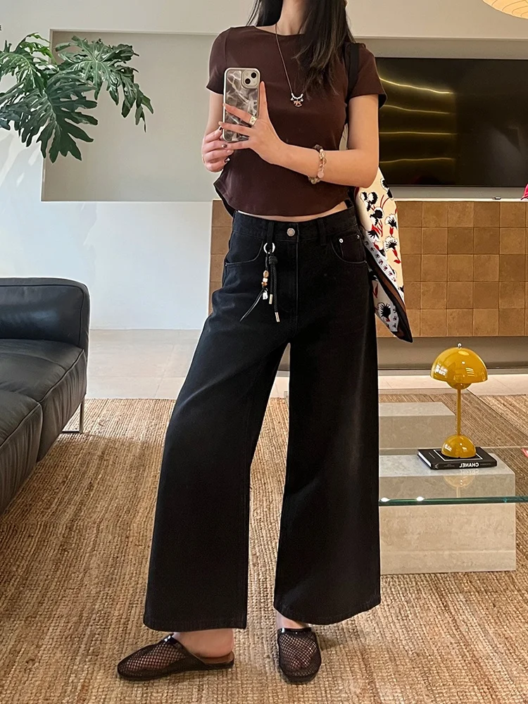 

Женские джинсы с высокой талией и прямыми штанинами, весна 2026, новый стиль, черные/серые, широкие брюки без стрейча, утягивающие, длина 7/8