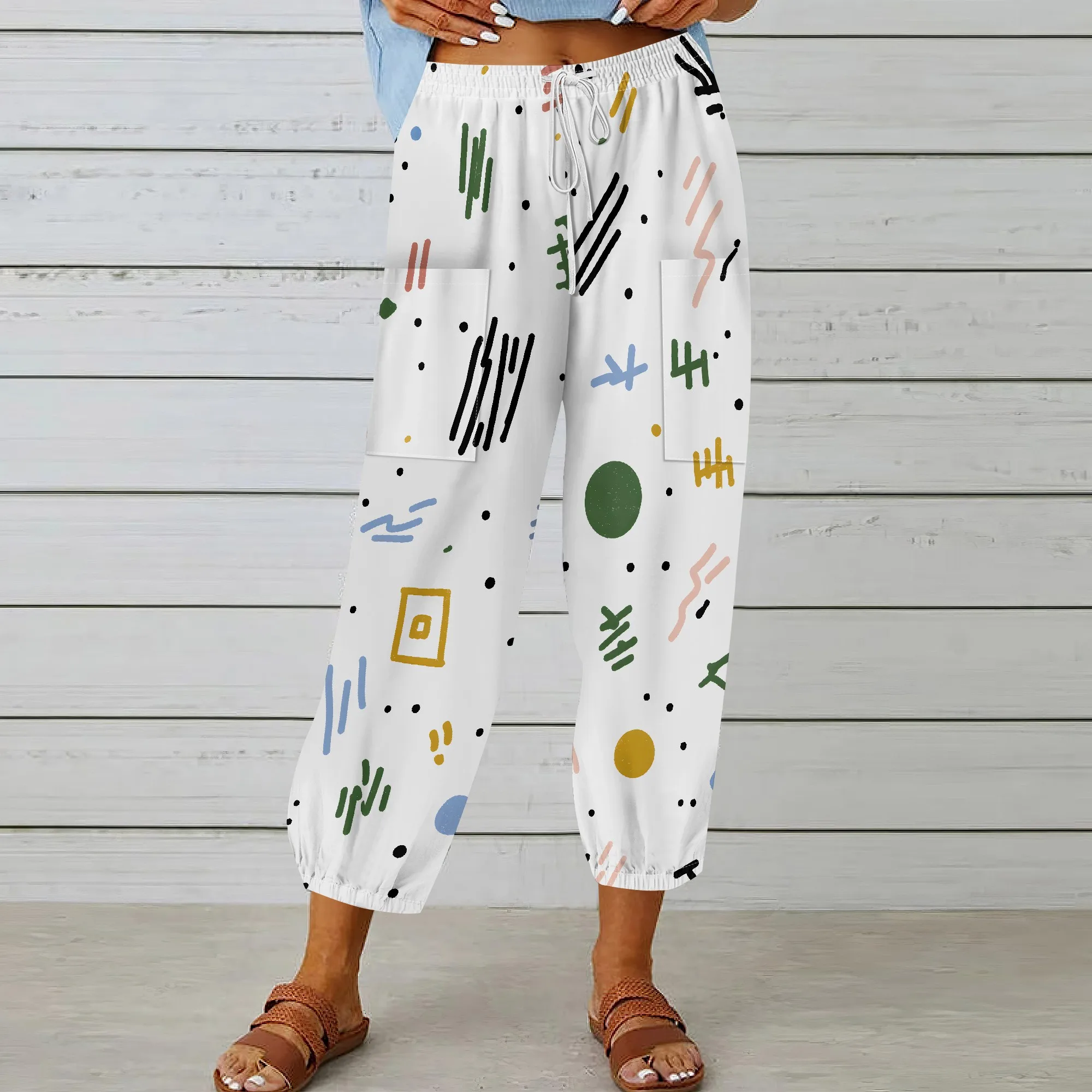 Abstract Print, Casual Pants, Geometric Pattern Graphic Design, Pocket Detail Loose Fit, Lounge Wear Beach Outfit, XS-3XL
