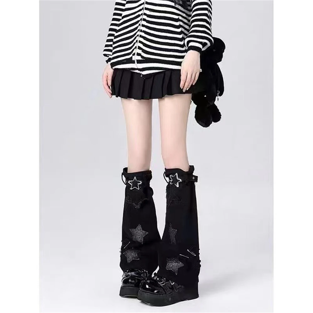 Japanese Y2K Lolita Denim Star Wide-leg Boots Covers Women's Mid-tube Bandage Belts Socks Gothic Harajuku Leg Warmers Streetwear