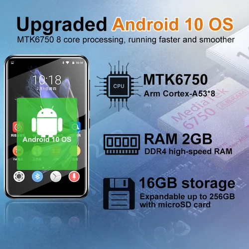 Imagen 2 del producto Reproductor MP3 Famue BF12 con Android 10, Bluetooth y WiFi, Reproductor MP4 con Pantalla Táctil de 4 Pulgadas, Compatible con Spotify, Audible, Pandora, Hasta 256 GB