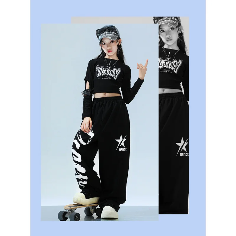 زي رقص هيب هوب للأطفال، نموذج فتاة، أكمام طويلة، نمط عصري، طقم بنطلون أسود