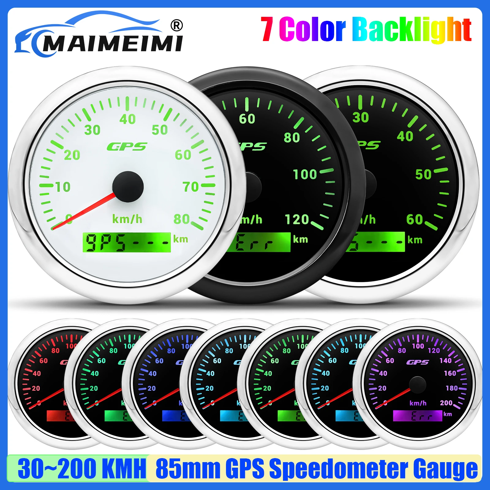 7 Color Light 85mm GPS Speedometer Gauge with Antenna 30KMH,60KMH,80KMH,120KMH,200KMH Speed Meter for all Car Boat Yacht 12V24V
