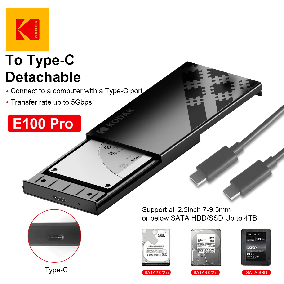 Kodak E100Pro 2.5inch Ssd/Hdd External Box-Usb 3.0 to Sata Iii Adapter/Supports Uasp/5Gbps Data Transmission, No Tool Installation Required, Abs Shell, Hard Drive Conversion, Dedicated for It People
